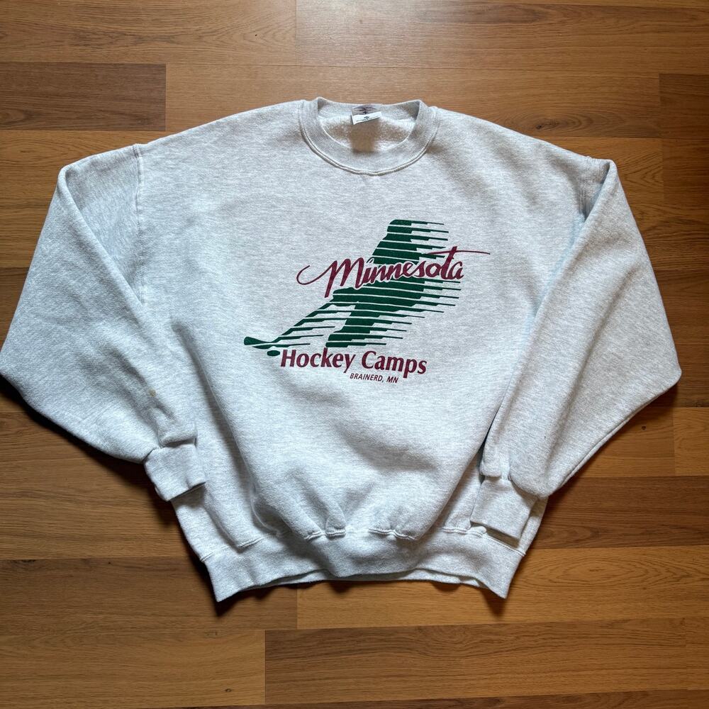 Vintage 90's Minnesota Hockey Camps Gray Crewneck Pullover Sweatshirt Sz XL VTG